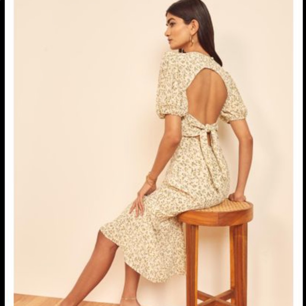 Reformation Cream and Green Floral Midi Dress with Open Back